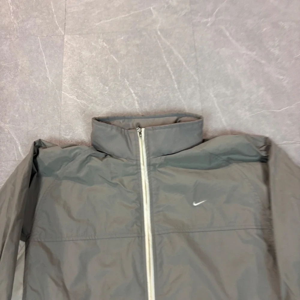 Nike Womens Grey White Full Zip Mock Neck Windbreaker Jacket L 3076